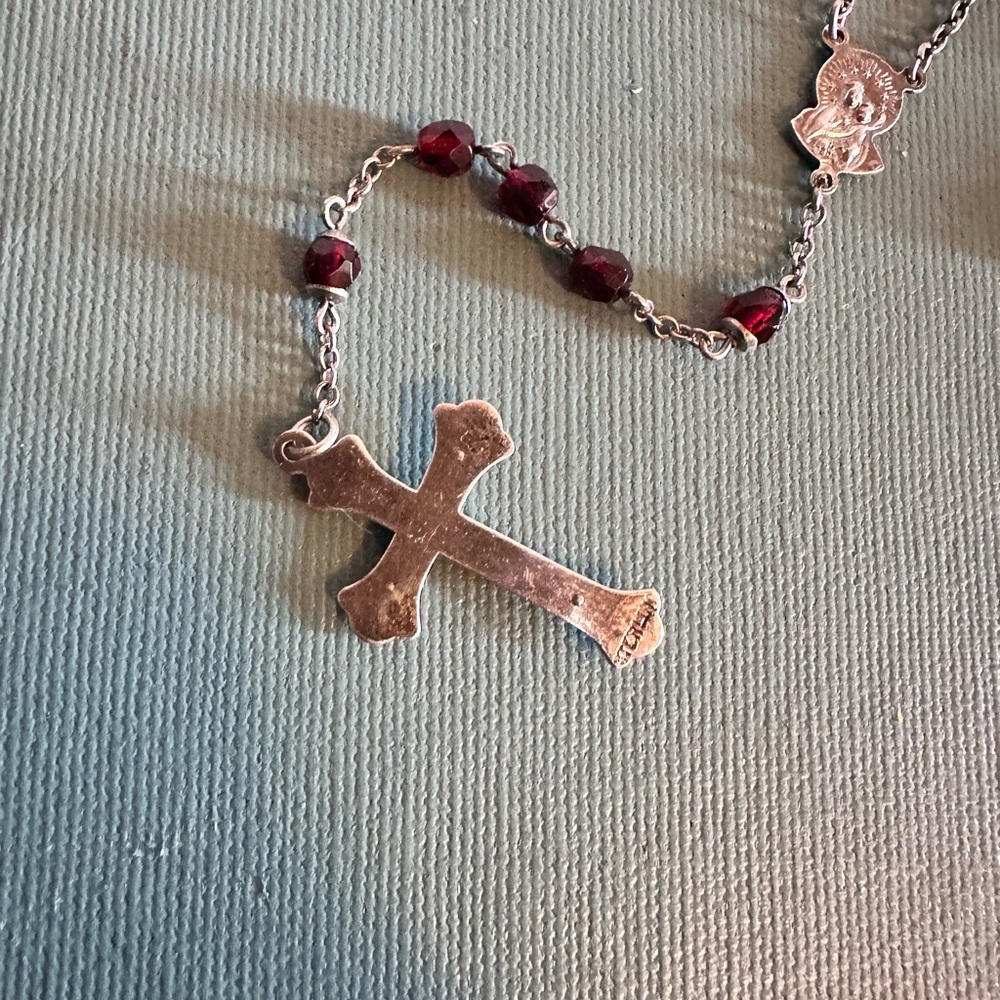 Vintage Sterling Silver and Red Garnet Beaded Cross Crucifix Rosary Necklace - Picture 6 of 7